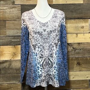 Tribal Long Sleeve Blue Gray Black &  White Scoop Neck Medium Embellished top